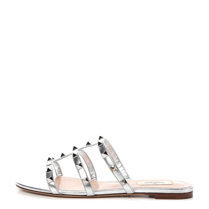Valentino Garavani Metallic Nappa Rockstud Caged Flat Slide Sandals 39 Silver 1 of 9