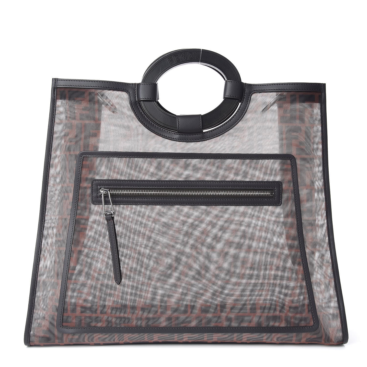 Fendi Mesh Vitello Century Cuoio FF 1974 Large Runaway Shopper Tote Marrone Black Ebano 1 of 9