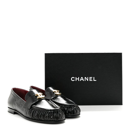 Chanel Crumpled Shiny Lambskin CC Mocassin Loafers 38.5 Black 10 of 10