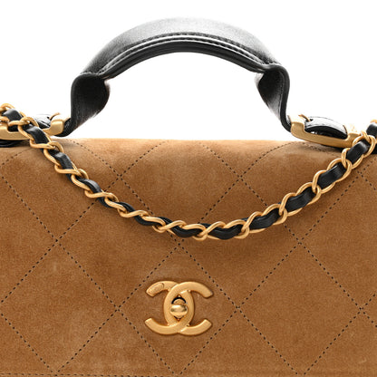 Chanel Suede Calfskin Shiny Lambskin Quilted Coco Base Flap Top Handle Bag Beige Black 8 of 12