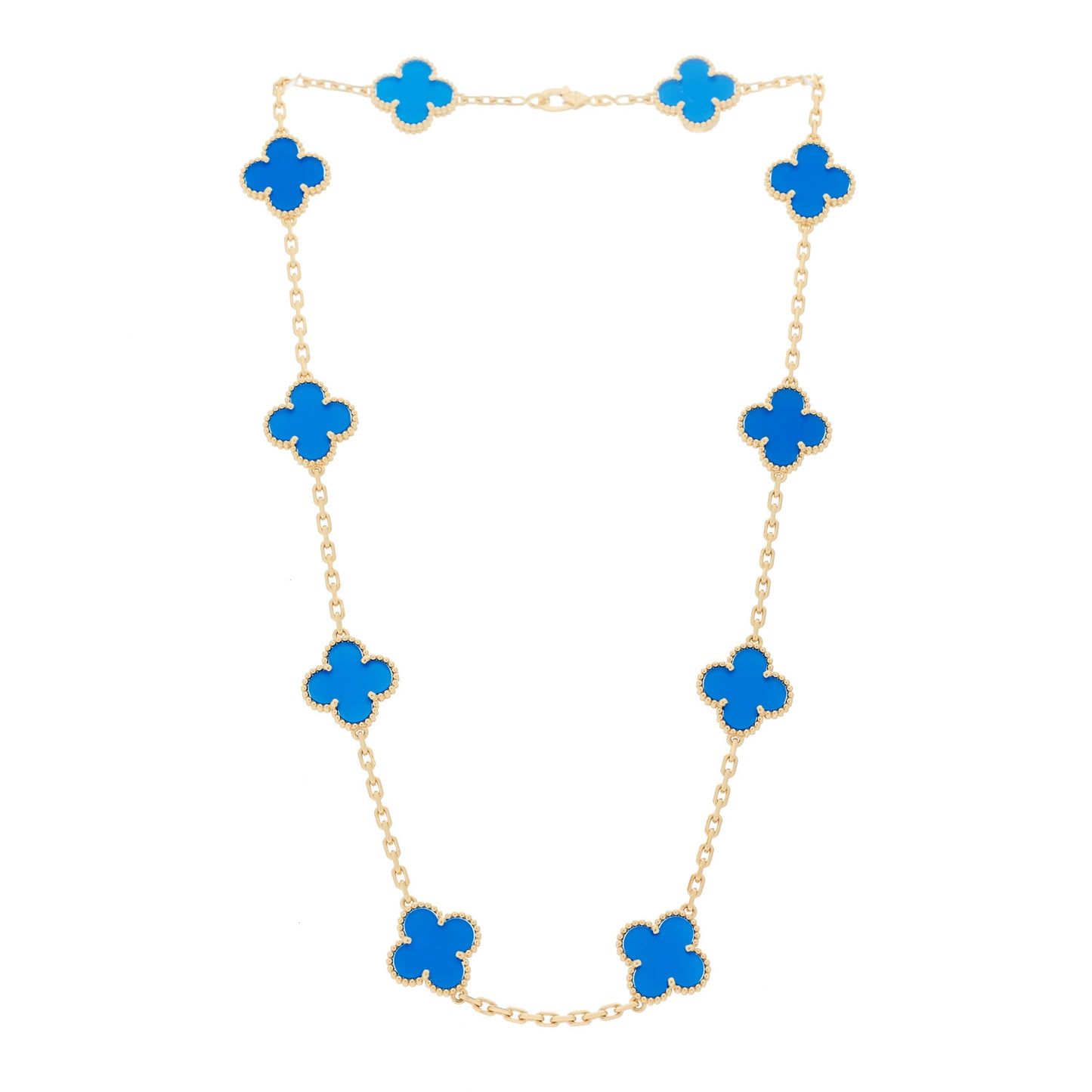 18K Yellow Gold Blue Agate 10 Motifs Vintage Alhambra Necklace