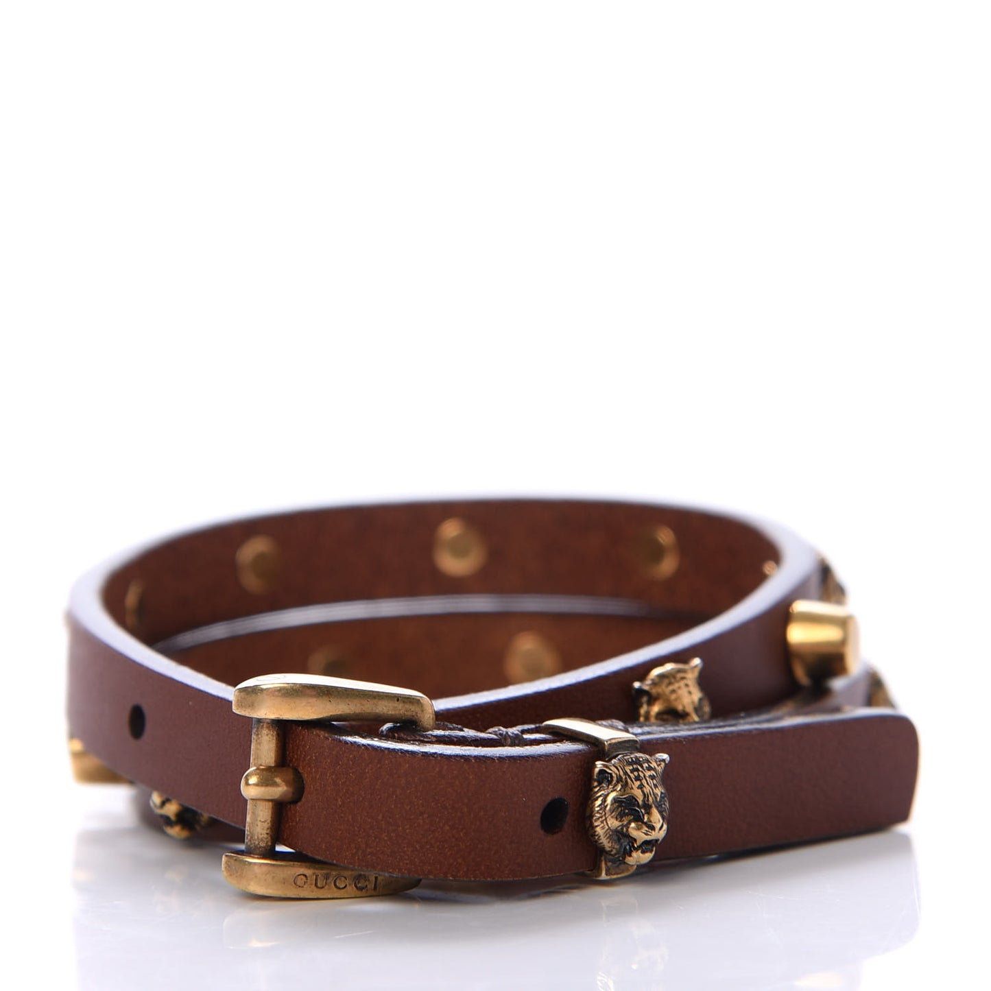 Calfskin Feline Head Studded Bracelet Brown