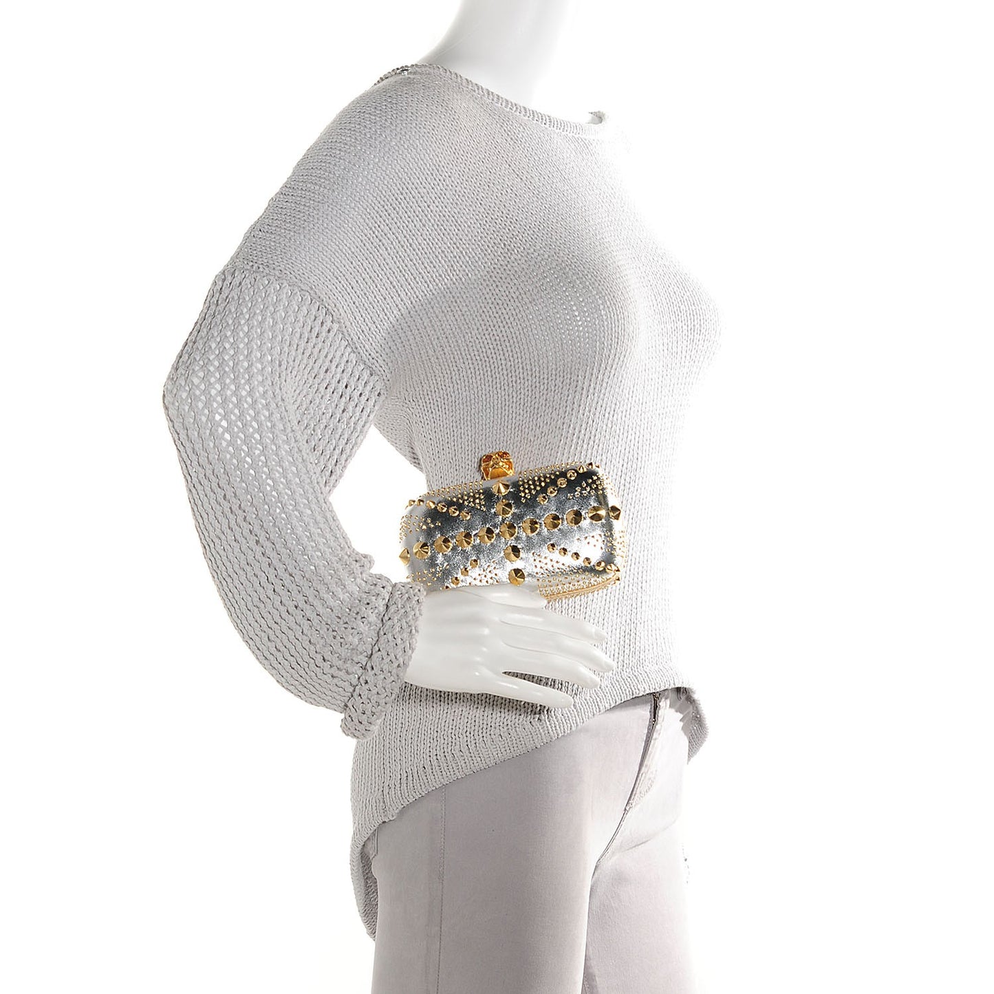 Nappa Studded Britannia Skull Box Clutch Silver