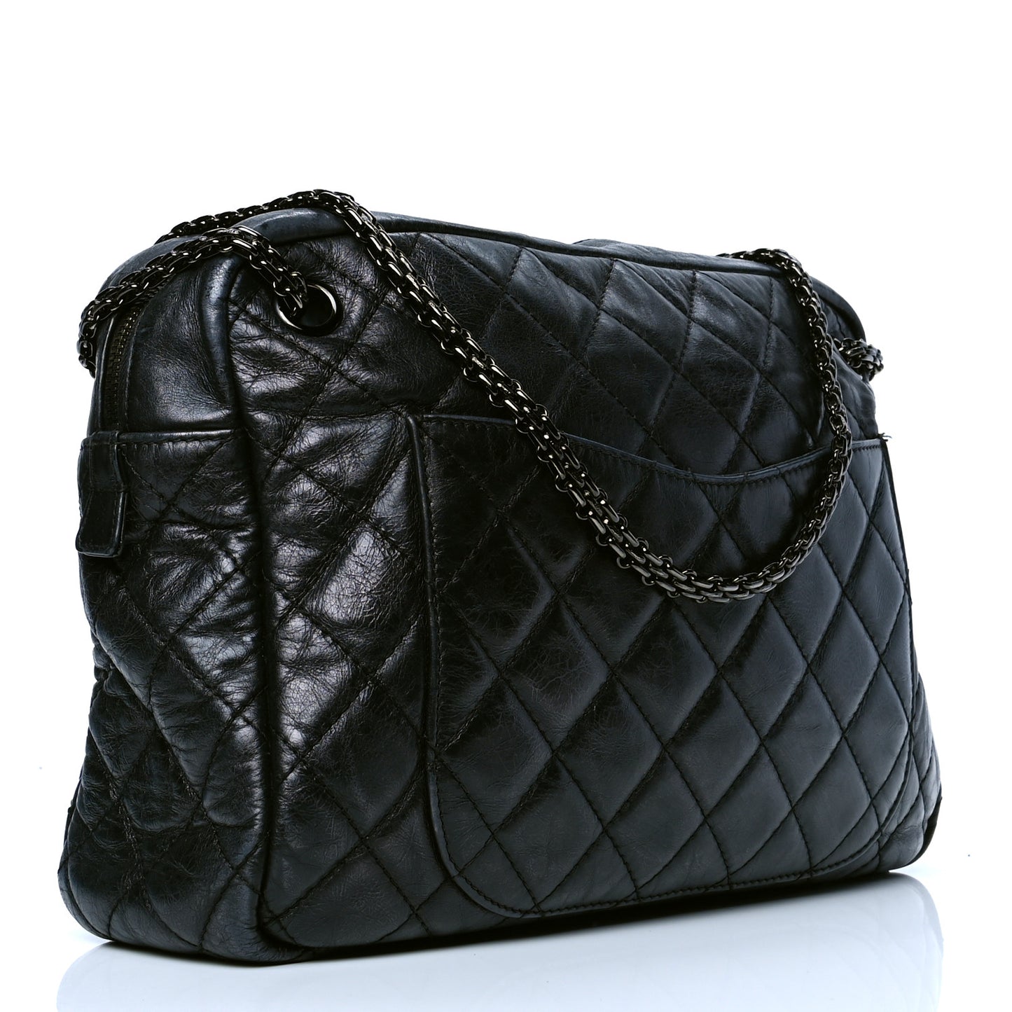 Metallic Aged Calfskin Quilted Large Reissue Camera Case Black