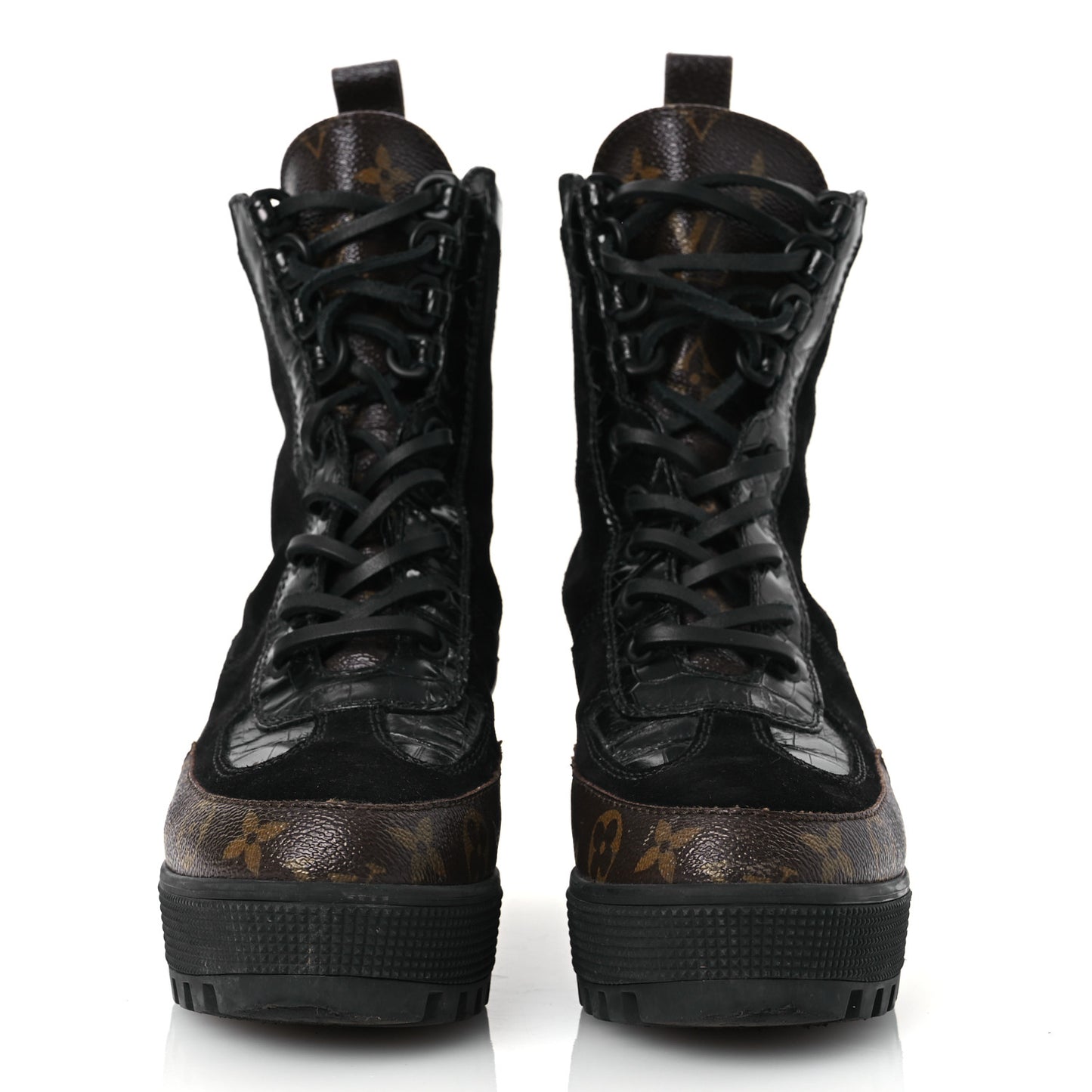 Suede Calfskin Crocodile Embossed Patent Monogram Laureate Platform Desert Boots 37 Black