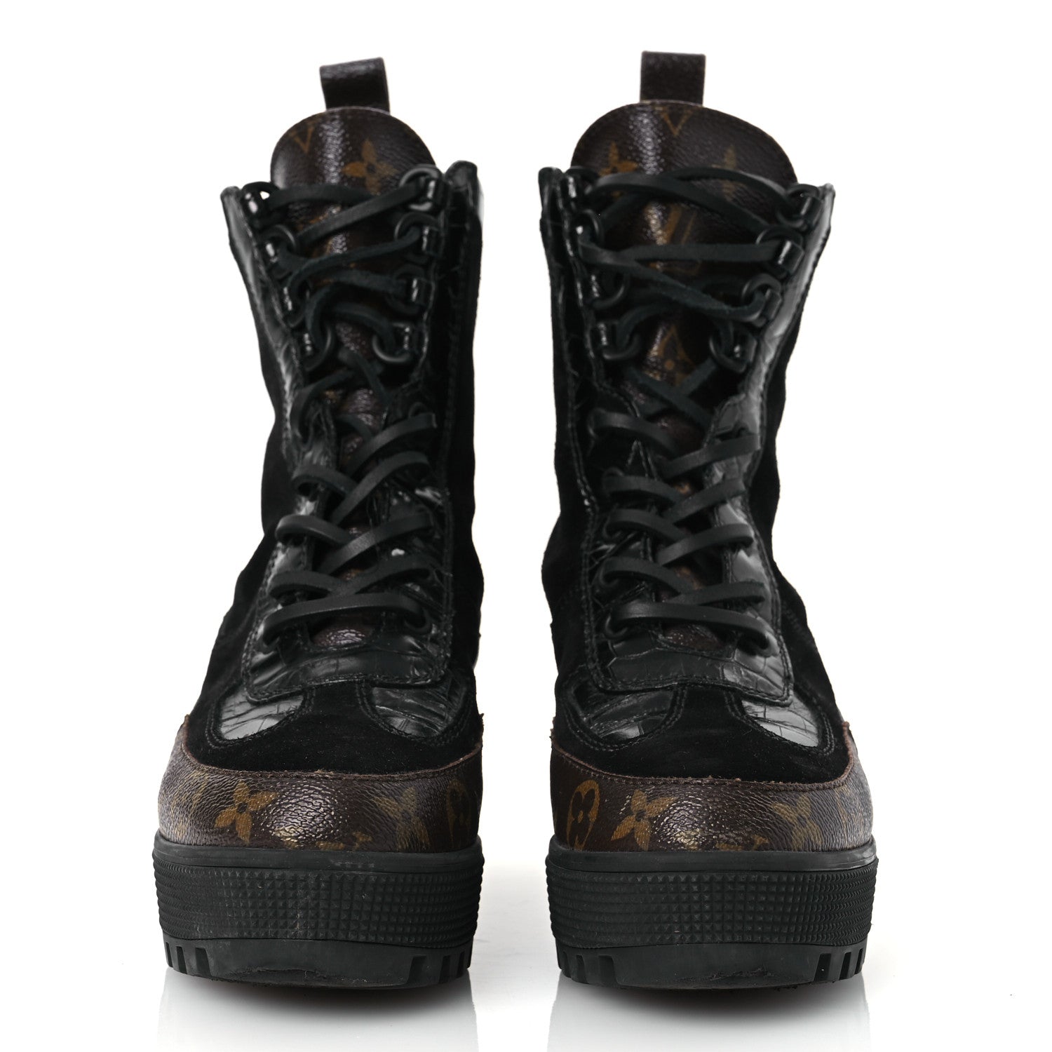 Louis Vuitton Suede Calfskin Crocodile Embossed Patent Monogram Laureate Platform Desert Boots 37 Black 3 of 12