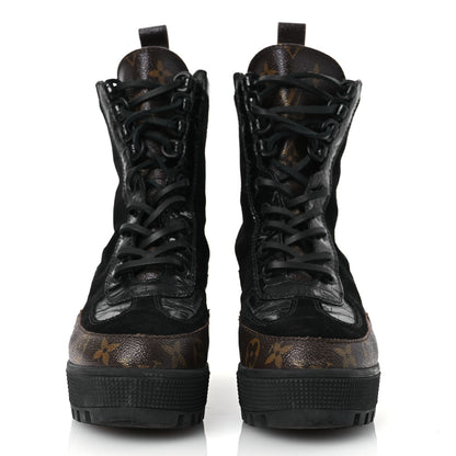 Louis Vuitton Suede Calfskin Crocodile Embossed Patent Monogram Laureate Platform Desert Boots 37 Black 3 of 12