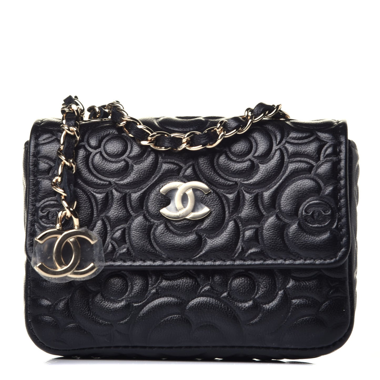 Caviar Camellia Embossed Chain Belt Bag Black