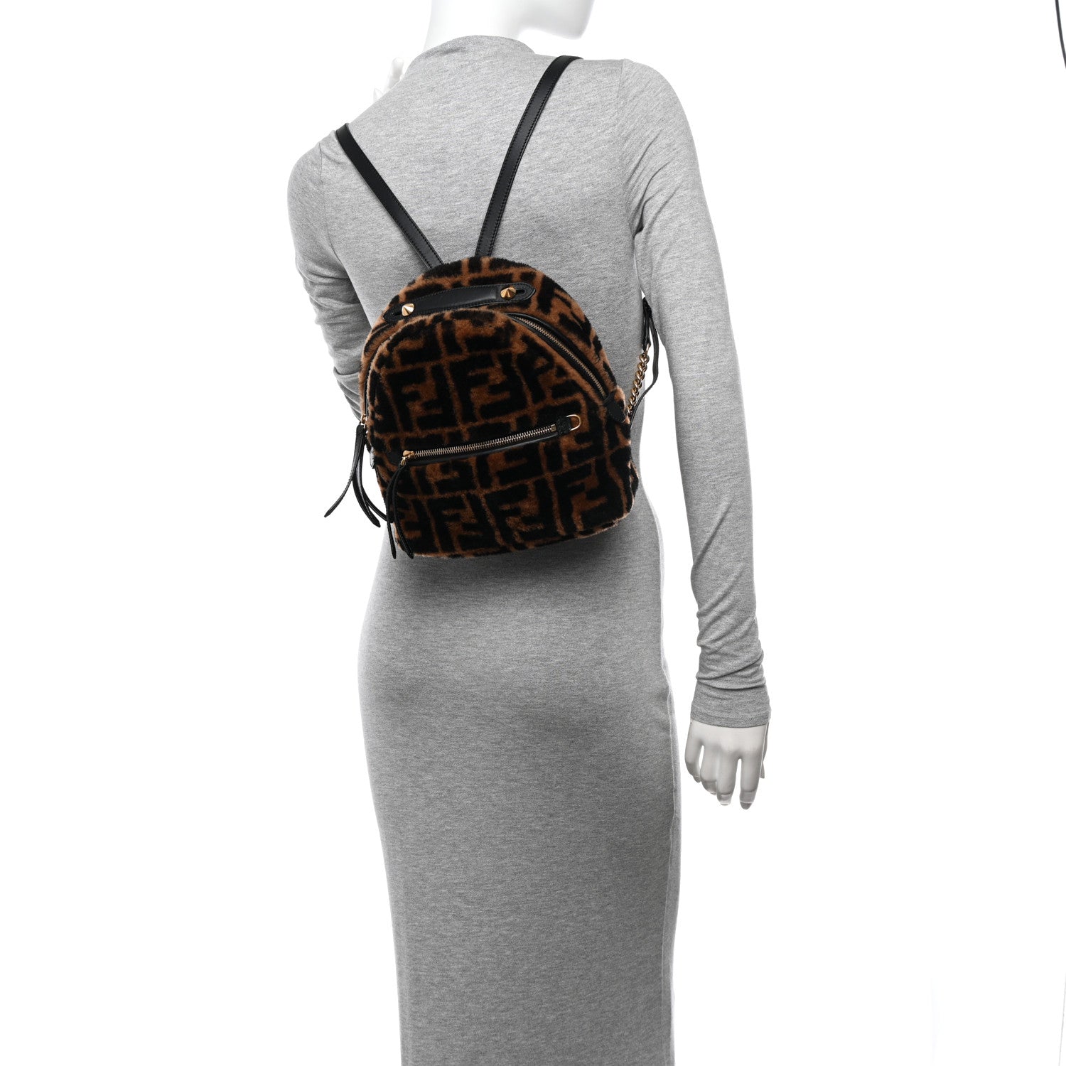 Fendi Shearling Macro FF 1974 Mini Backpack Tobacco Black 3 of 10