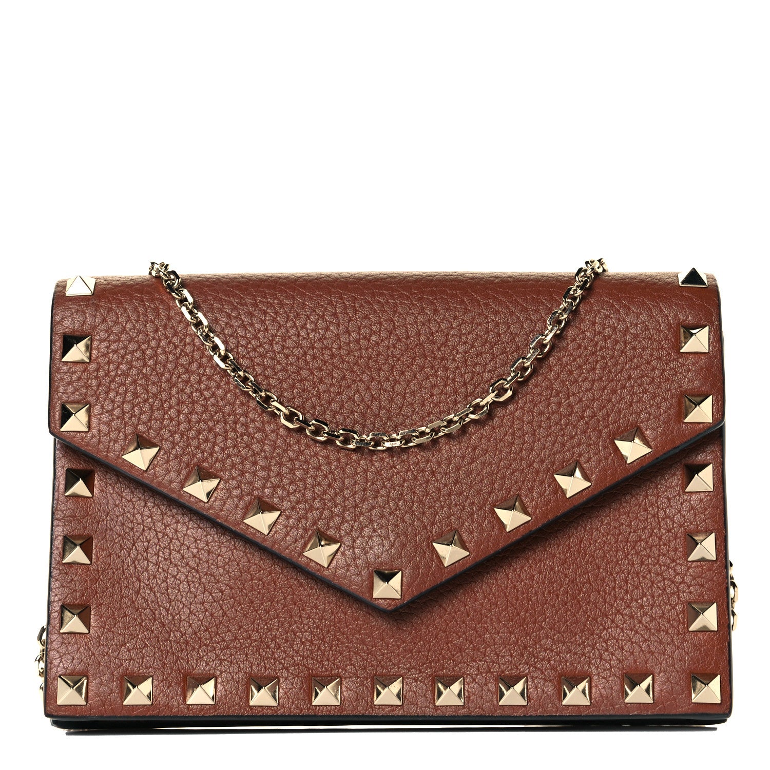 Valentino Garavani Pebbled Calfskin Rockstud Envelope Wallet on Chain Bright Cognac 1 of 6