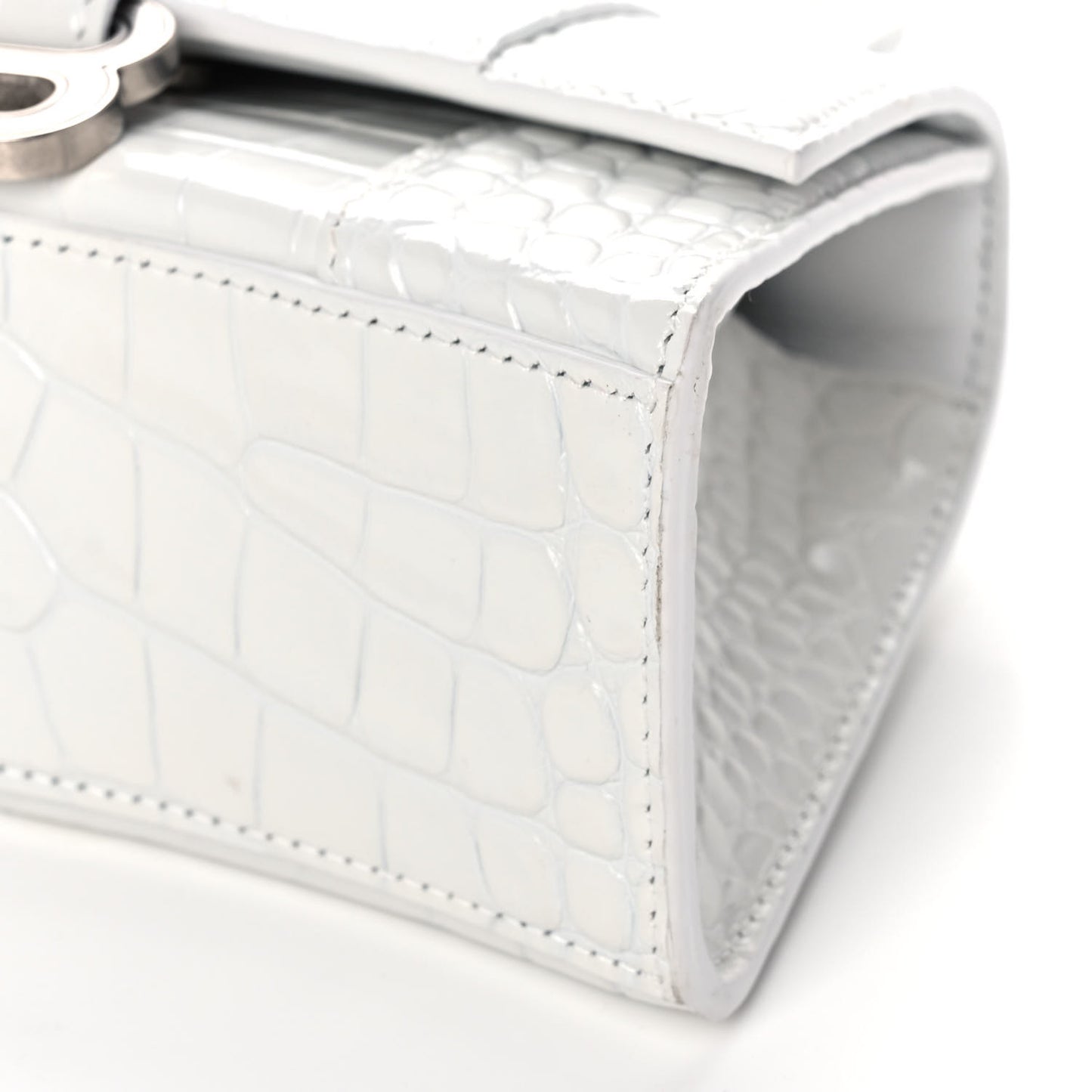 Shiny Calfskin Crocodile Embossed Hourglass Top Handle Bag XS White