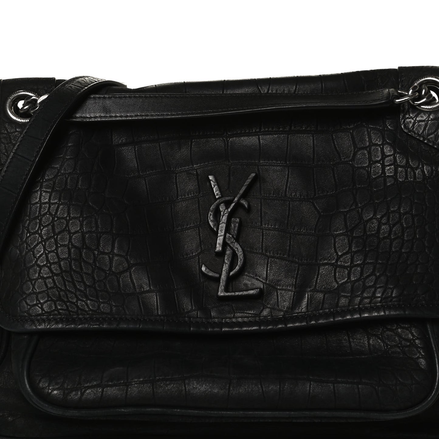Nubuck Crocodile Embossed Monogram Medium Niki Chain Satchel Black