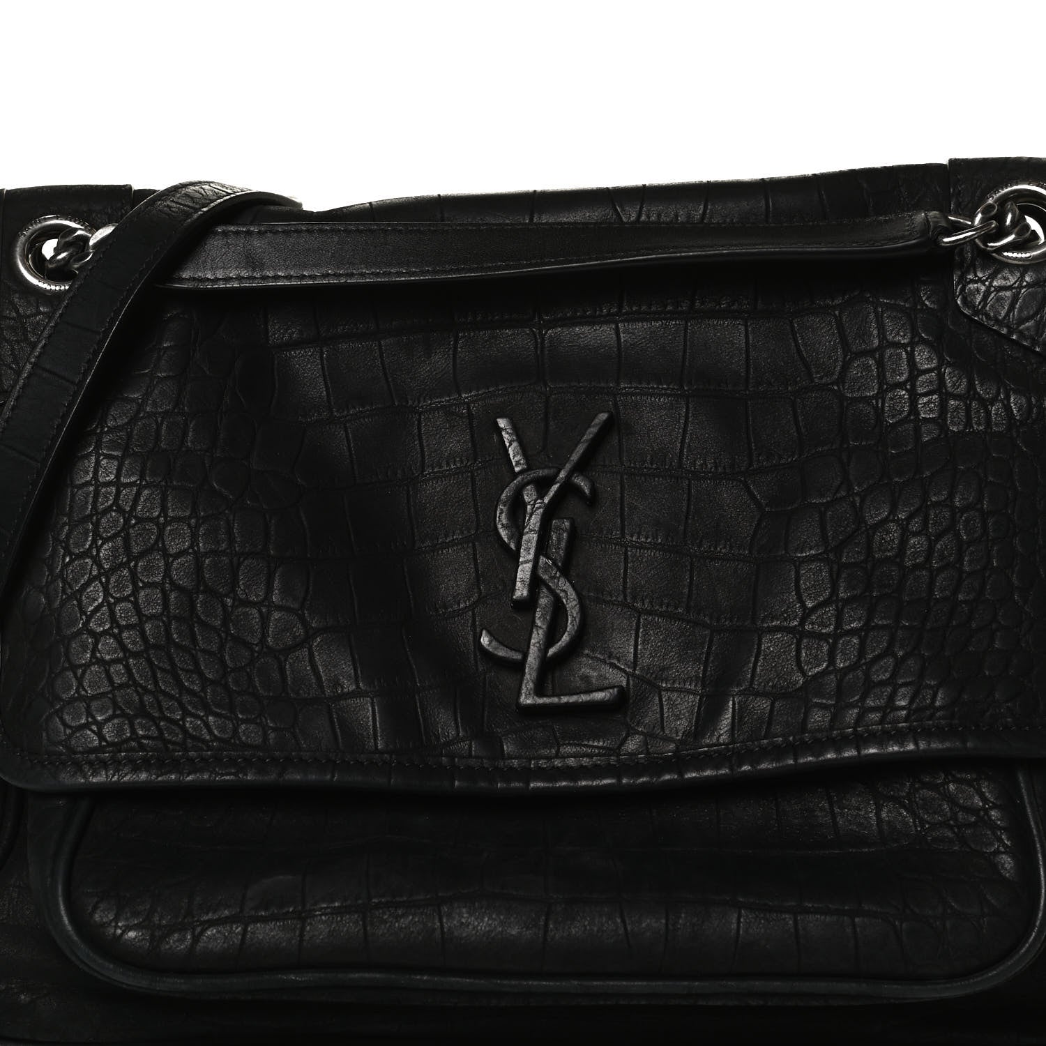Saint Laurent Nubuck Crocodile Embossed Monogram Medium Niki Chain Satchel Black 7 of 12