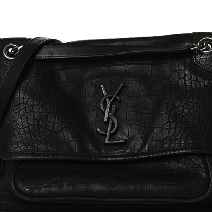 Saint Laurent Nubuck Crocodile Embossed Monogram Medium Niki Chain Satchel Black 7 of 12