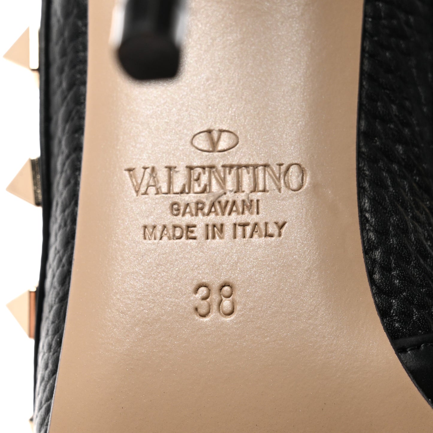 Pebbled Calfskin Rockstud Ankle Strap 100mm Pumps 38 Black