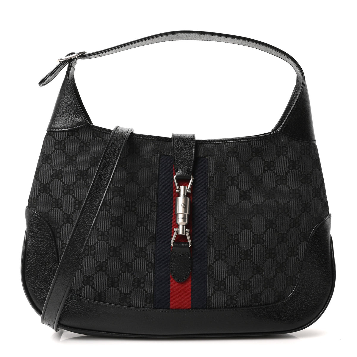X BALENCIAGA Supreme Monogram Calfskin Web Medium Jackie 1961 Hobo Black
