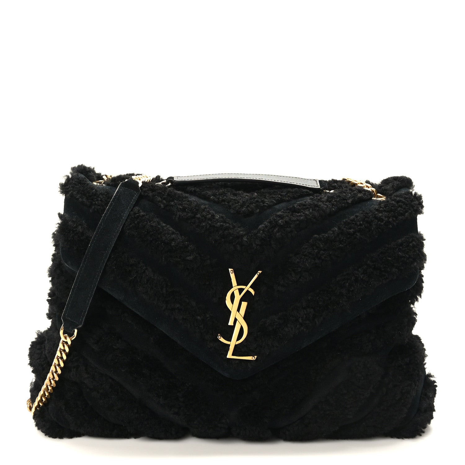 Saint Laurent Shearling Y Quilted Monogram Medium Loulou Chain Satchel Black 1 of 11