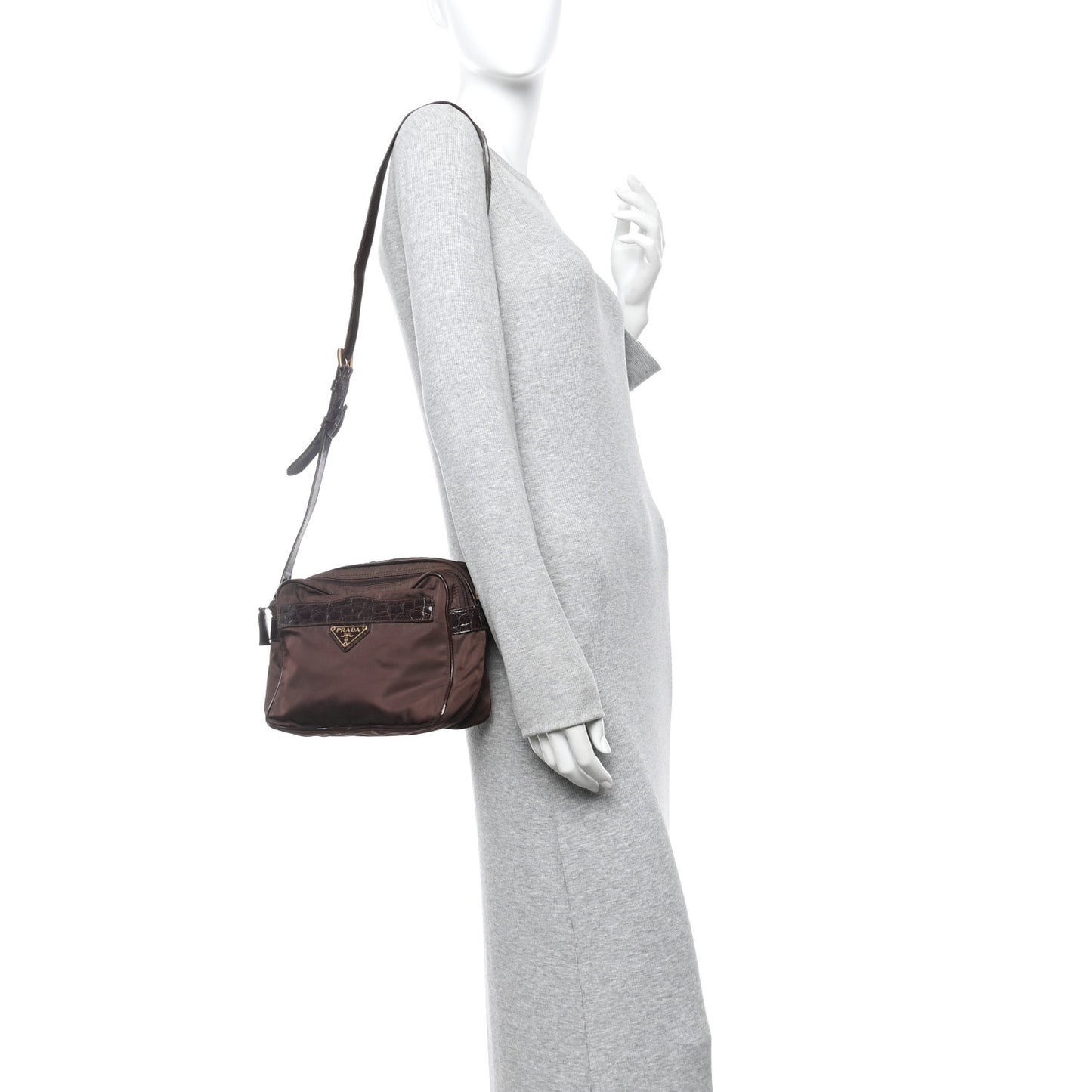 Tessuto Nylon Crocodile Embossed Crossbody Brown
