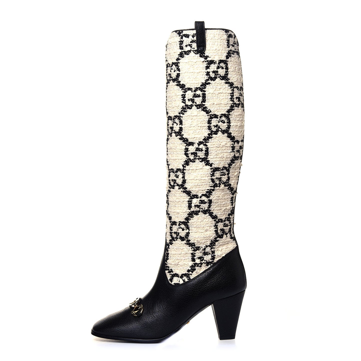 Tweed GG Monogram Wrinkled Kid Zumi Knee Boots 37 Natural Black