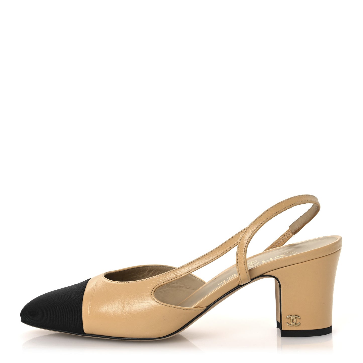 Goatskin Grosgrain Cap Toe CC Slingback Pumps 38.5 Beige Black