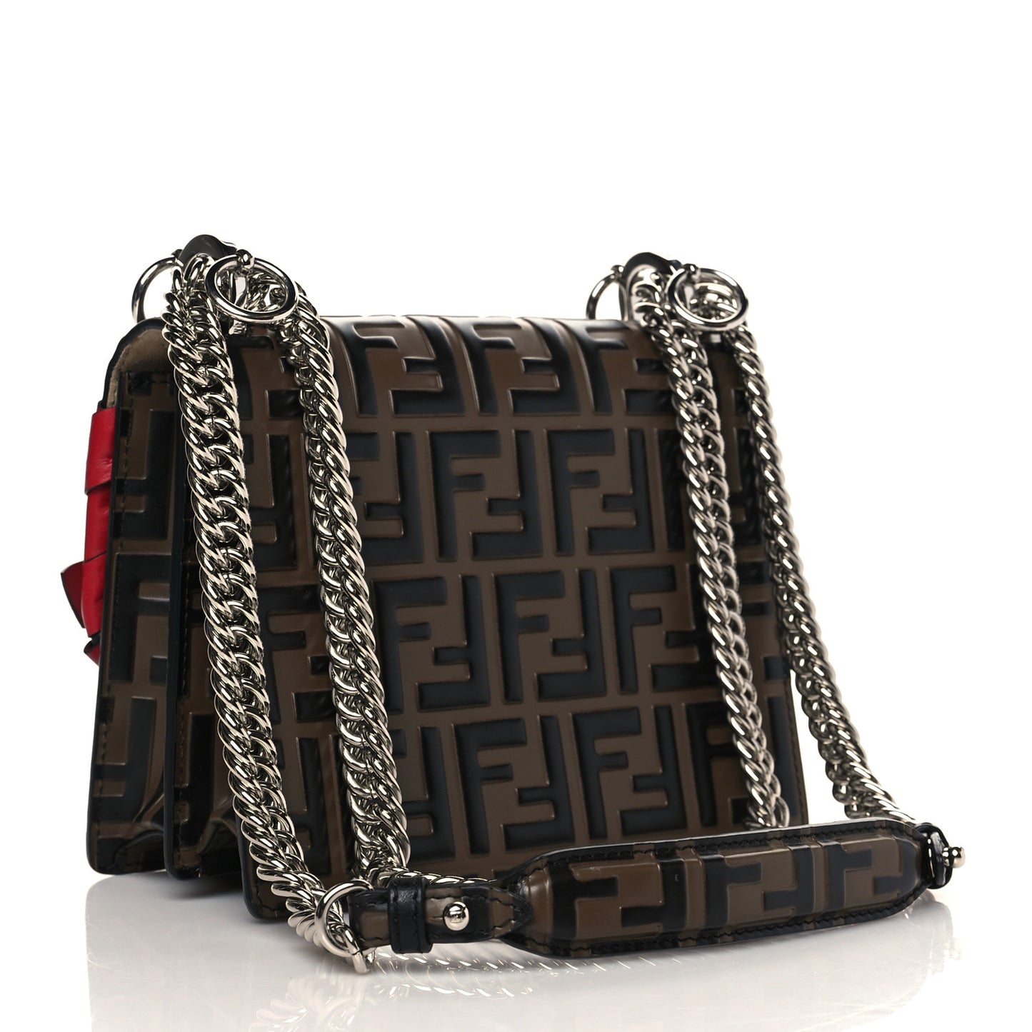 Vitello Shiny Nappa Bi-Color FF 1974 Lace Up Bow Embossed Small Kan I Shoulder Bag Maya Black Fragola