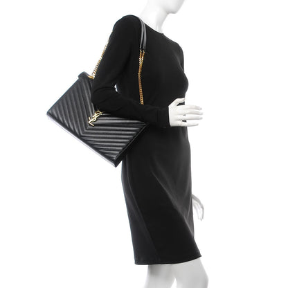 Saint Laurent Grain De Poudre Matelasse Chevron Large Monogram Satchel Black 3 of 8