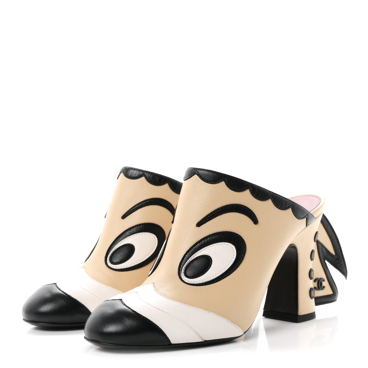 Lambskin Cartoon Cap Toe Mules 38 Beige Black White