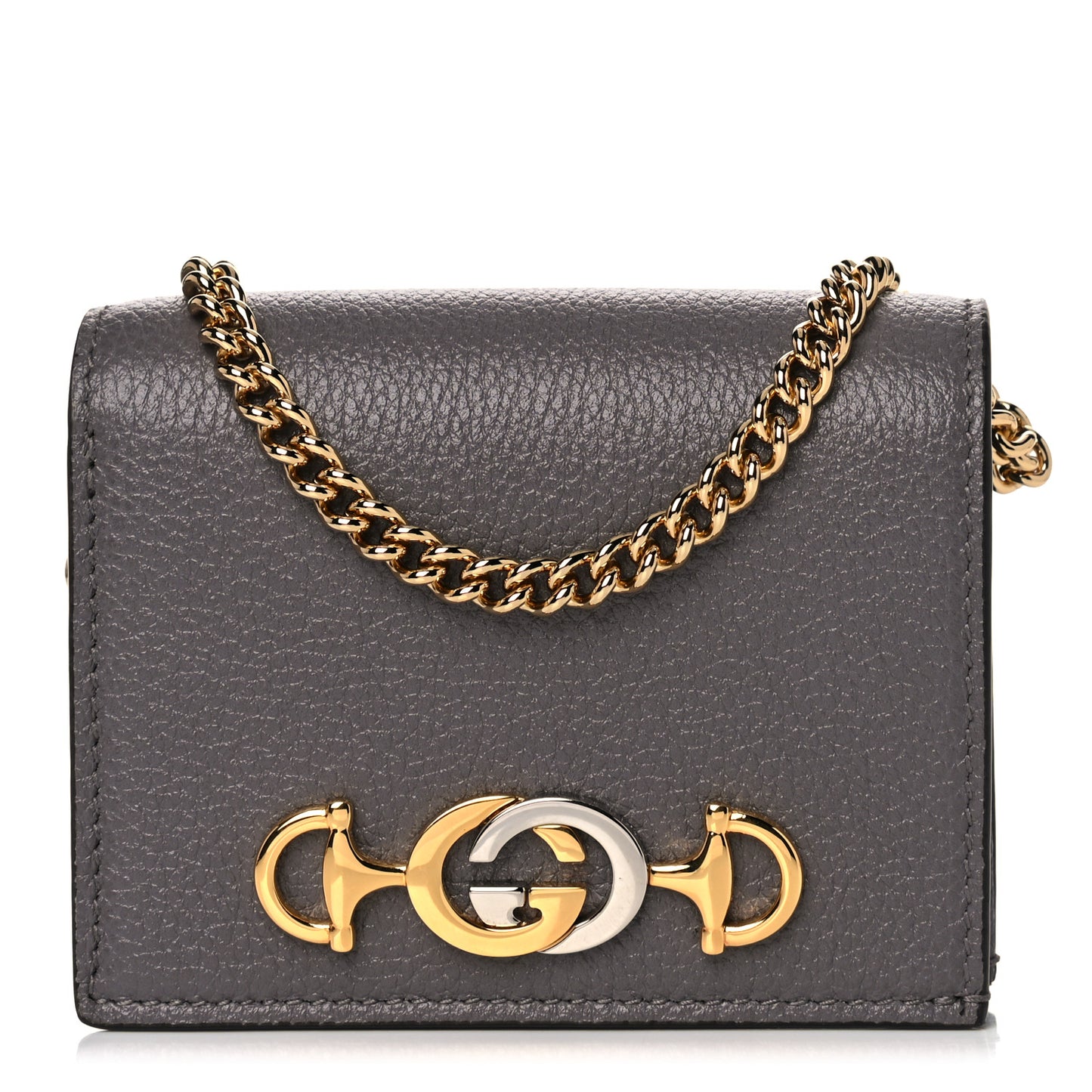 Grainy Calfskin Zumi Chain Card Case Wallet Dusty Grey