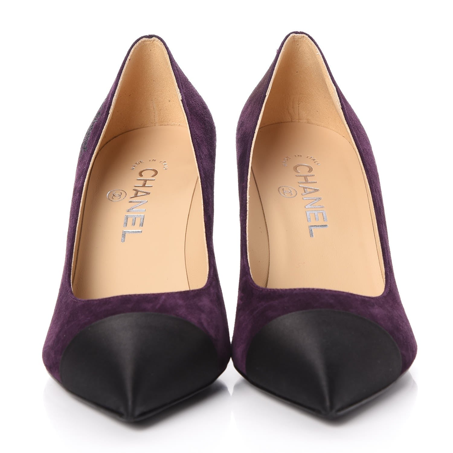 Chanel Suede Satin Cap Toe Pumps 38.5 Dark Purple Black 3 of 9