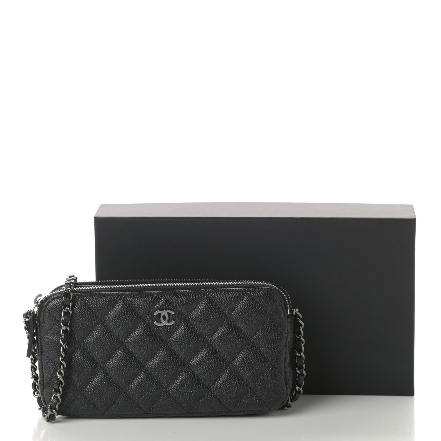 Iridescent Caviar Quilted Small Clutch With Chain Black