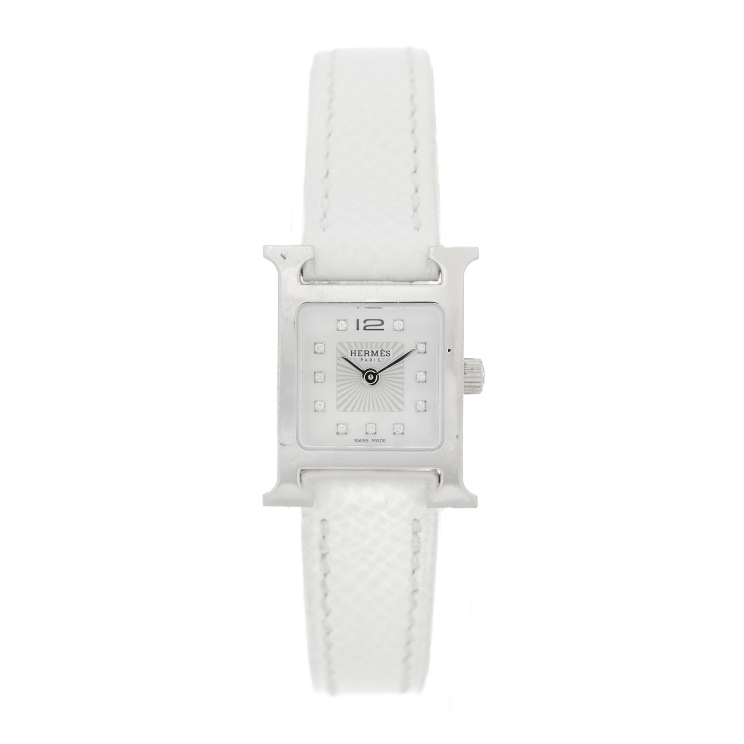 Hermes Stainless Steel Epsom Diamond Mother of Pearl 17.2mm Heure H Hour Quartz Watch Blanc 1 of 5