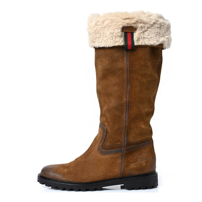 Gucci Suede Rabbit Fur Web Saint Moritz Knee High Boots 36.5 Brown Naturale 1 of 8