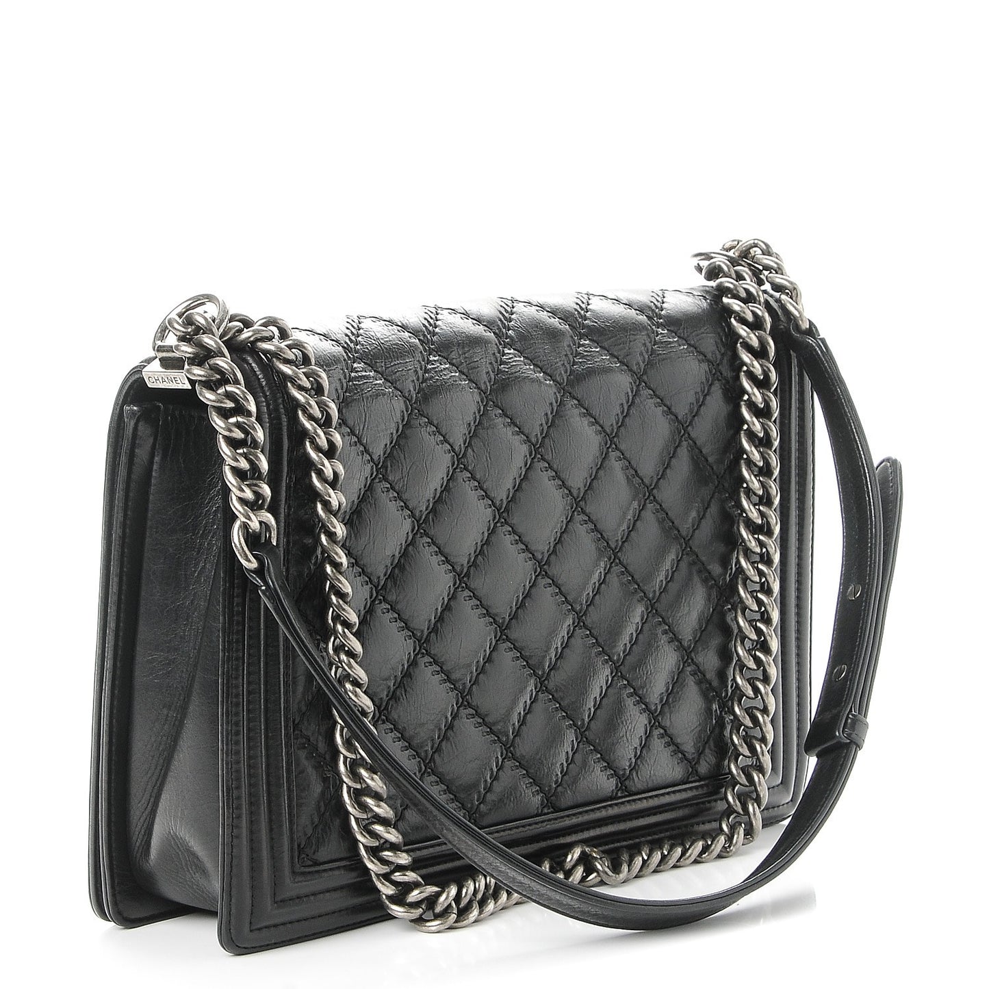 Calfskin Embossed Stitch Large Boy Flap Black