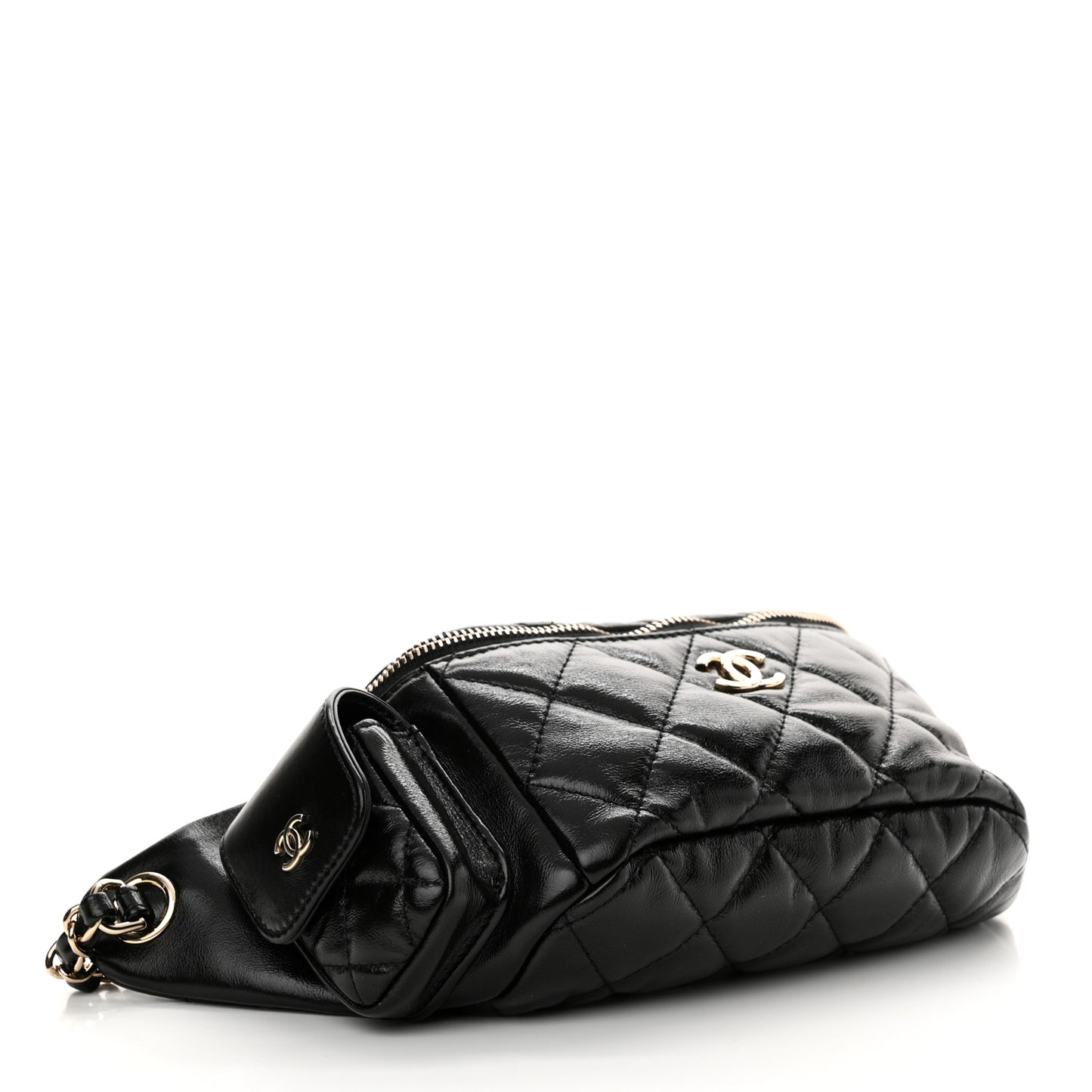 Shiny Aged Calfskin Quilted Utility Waist Belt Bag Black