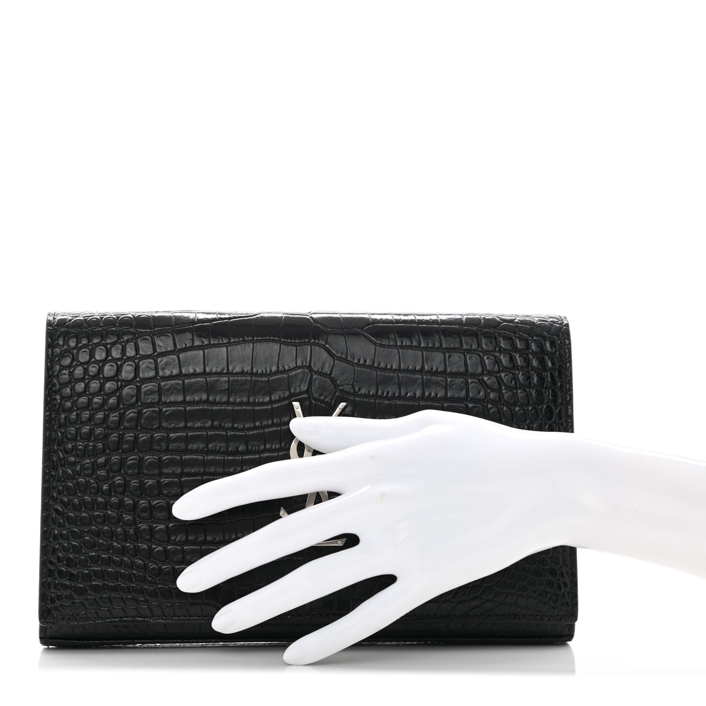 Calfskin Crocodile Embossed Monogram Chain Wallet Black