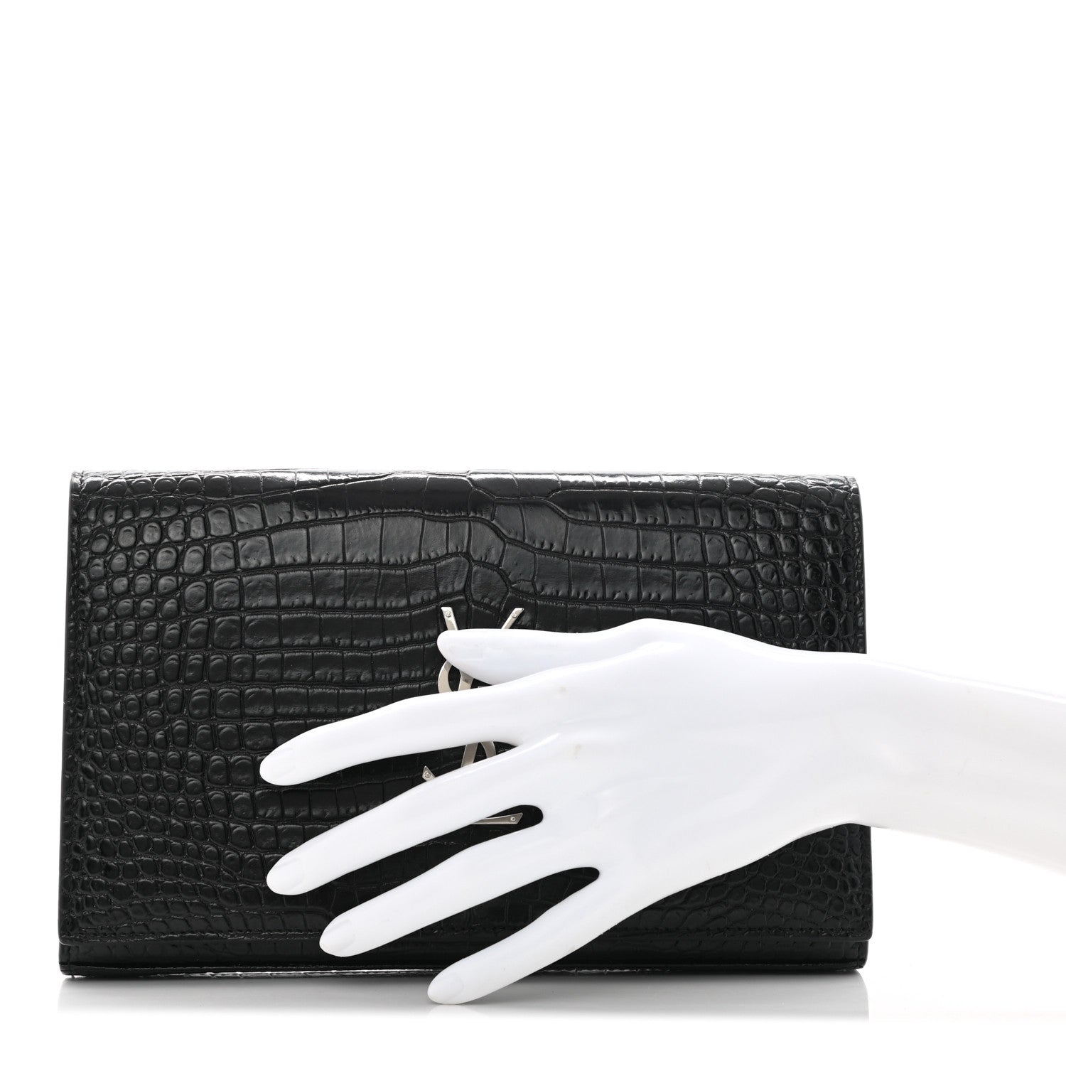 Saint Laurent Calfskin Crocodile Embossed Monogram Chain Wallet Black 3 of 18