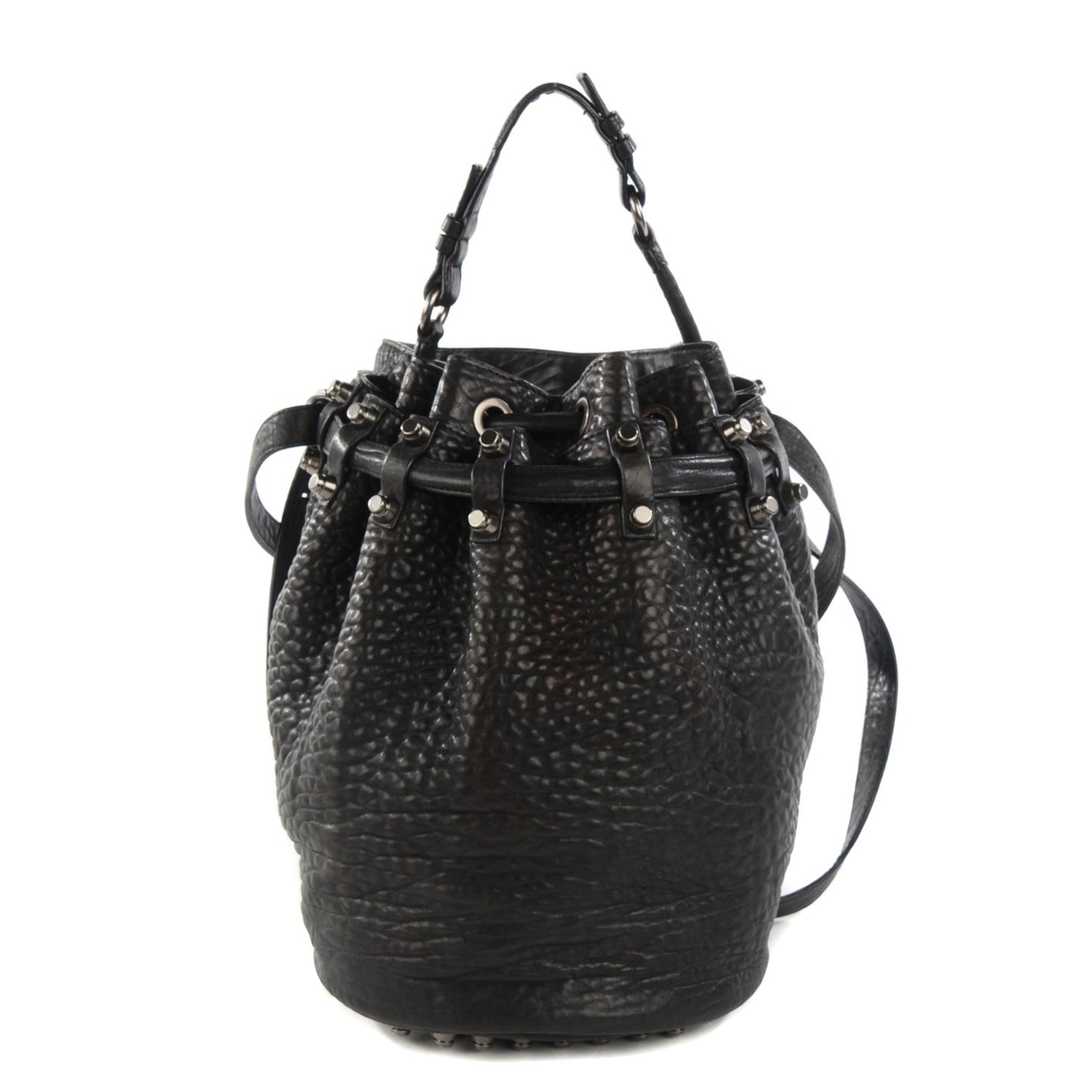 Pebbled Lambskin Diego Bucket Bag Black Nickel Hardware