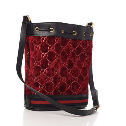 Gucci Velvet GG Monogram Textured Calfskin Web Bucket Bag Red Cipria Black 3 of 10