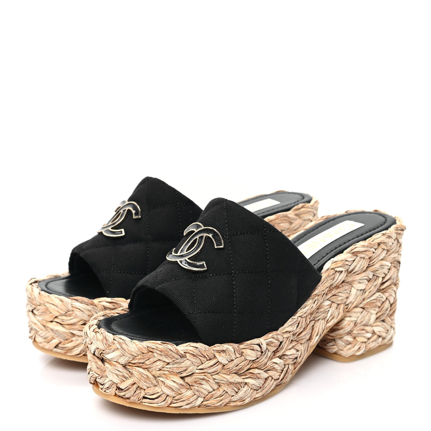 Canvas Raffia Wedge Sandals 38 Black