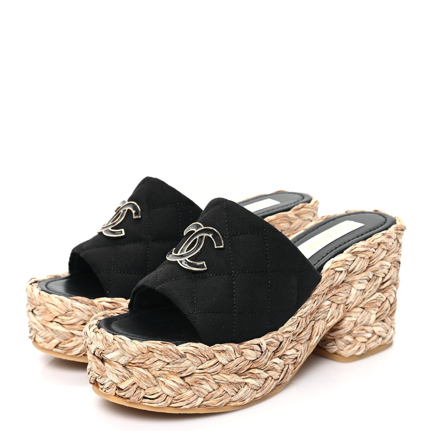 Chanel Canvas Raffia Wedge Sandals 38 Black 3 of 9