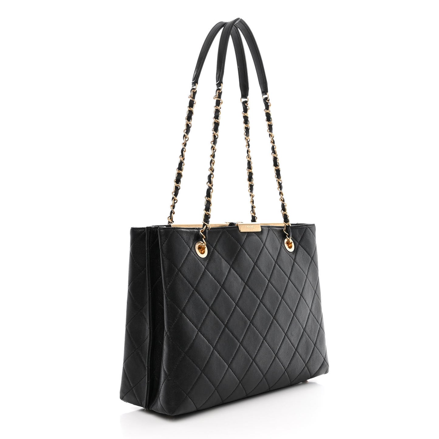 Lambskin Quilted Signature Plate Large Shopping Tote Black