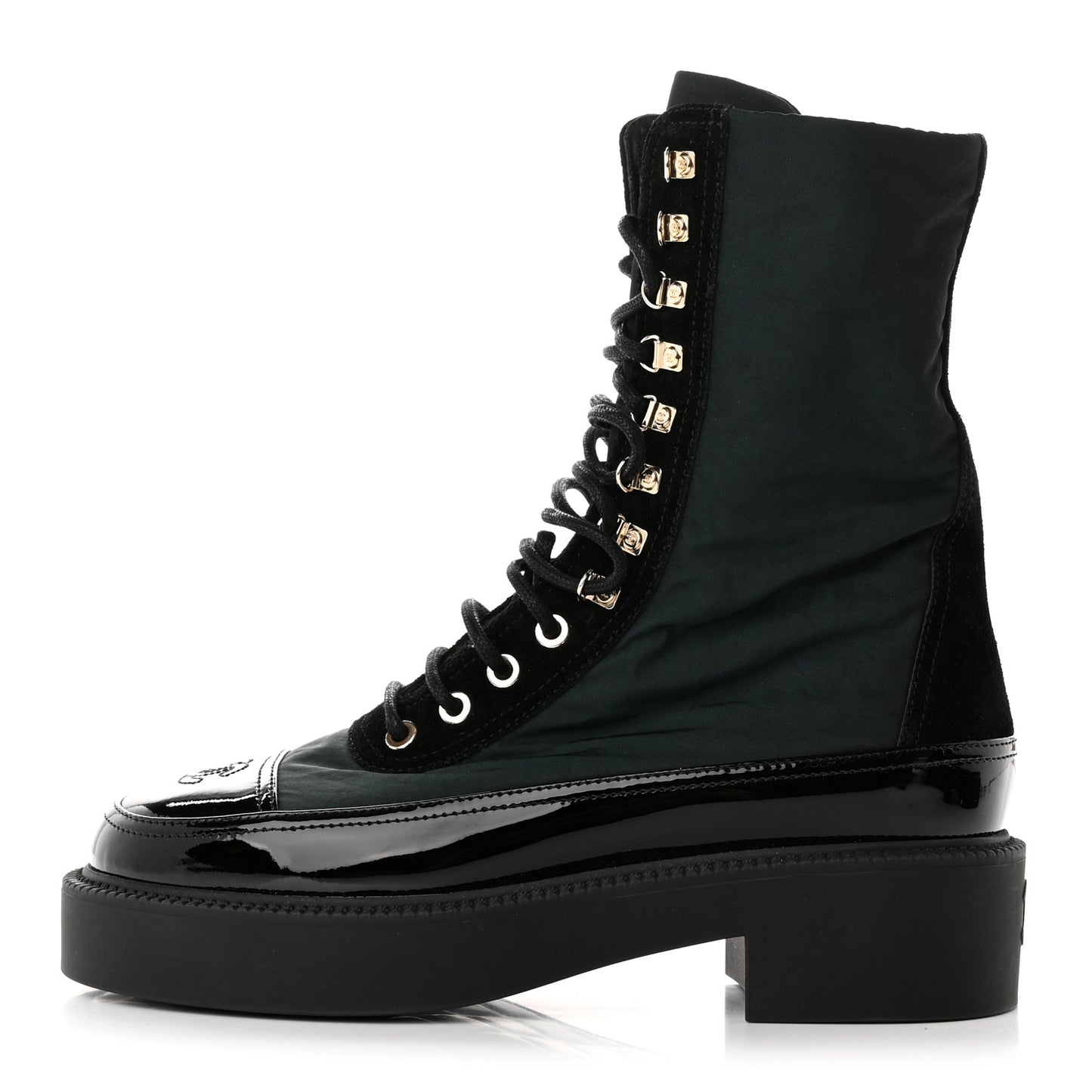 Nylon Suede Patent Calfskin Womens CC Lace Up Boots 36.5 Dark Green Black