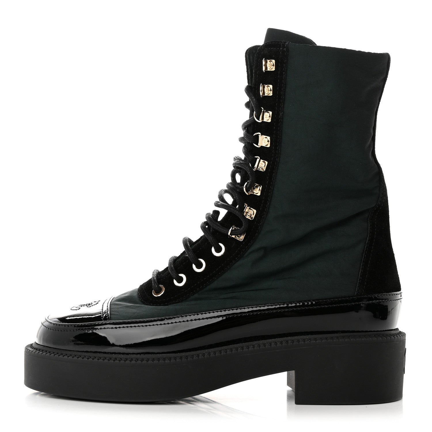 Chanel Nylon Suede Patent Calfskin Womens CC Lace Up Boots 36.5 Dark Green Black 1 of 11