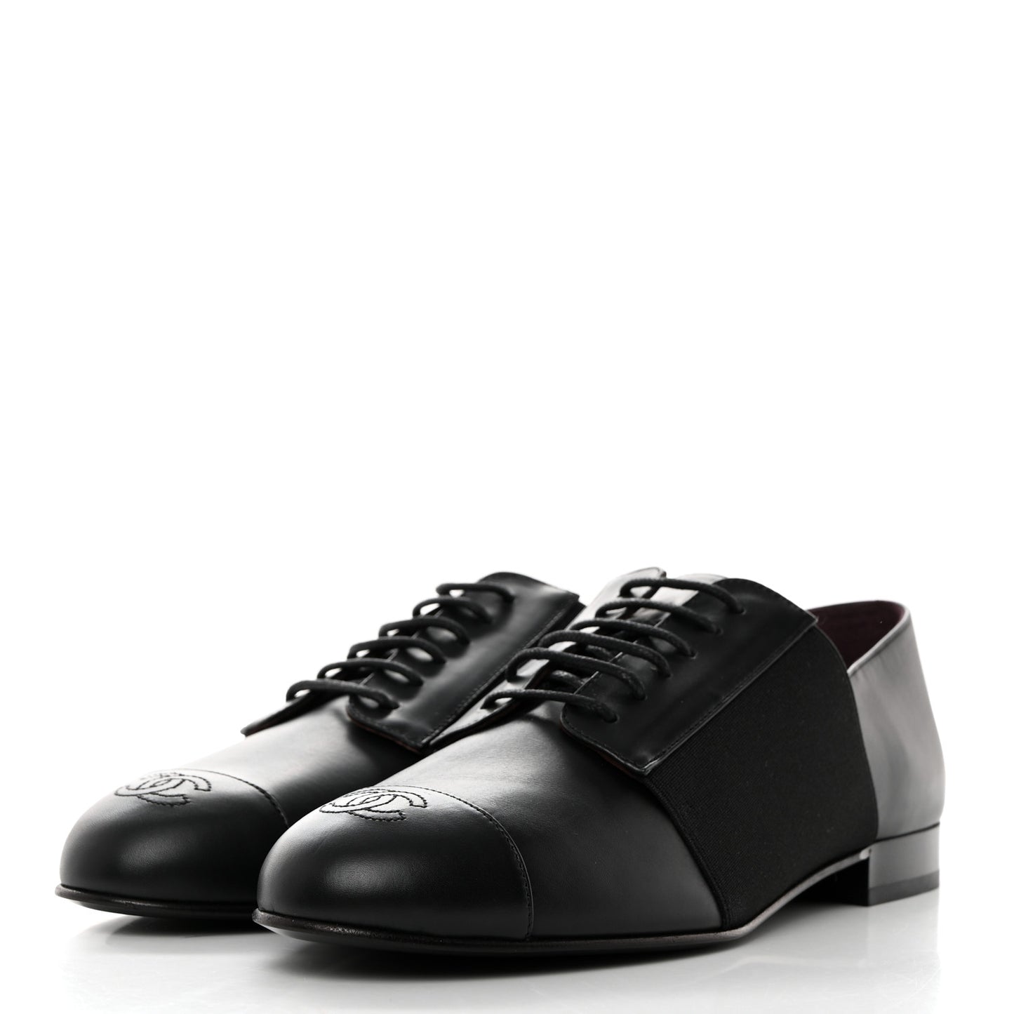 Calfskin Elastic Lace Up Cap Toe CC Loafers 38 Black