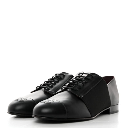 Chanel Calfskin Elastic Lace Up Cap Toe CC Loafers 38 Black 3 of 9
