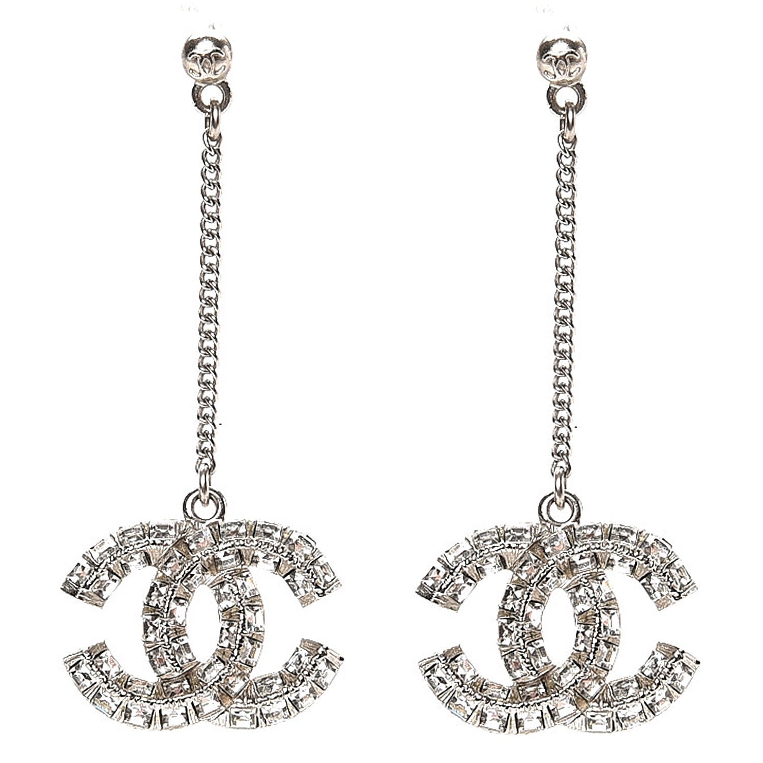 Chanel Baguette Crystal CC Dangle Earrings Silver 1 of 3