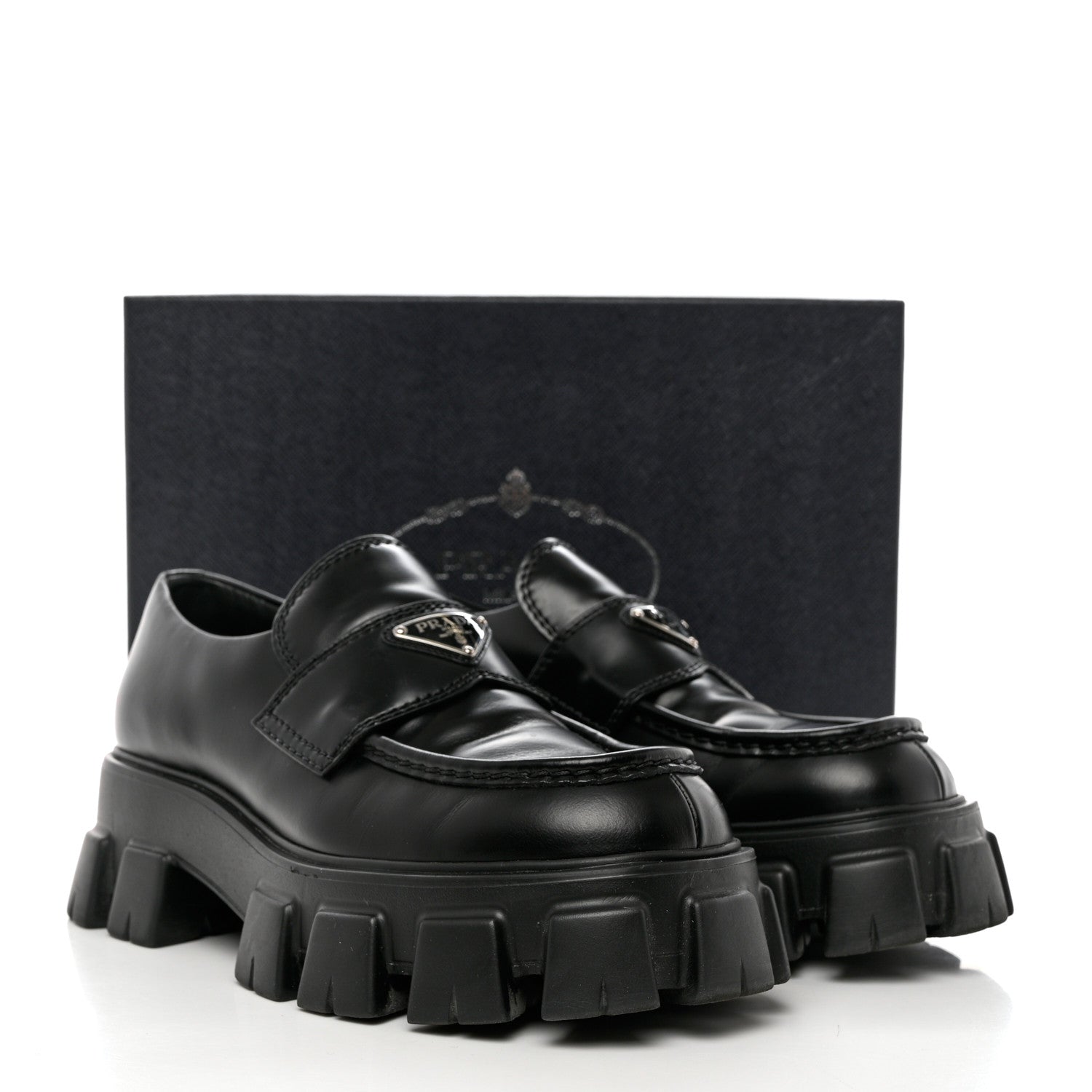 Prada Spazzolato Rois Metal Triangle Logo Mens Monolith 60mm Loafers 7.5 Black 9 of 9
