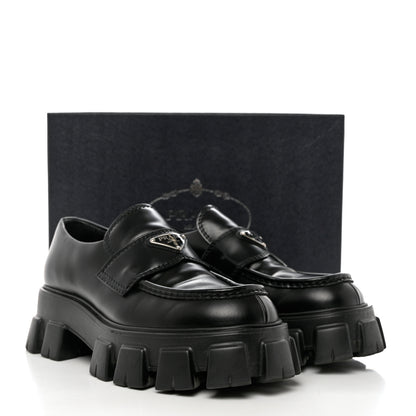 Prada Spazzolato Rois Metal Triangle Logo Mens Monolith 60mm Loafers 7.5 Black 9 of 9