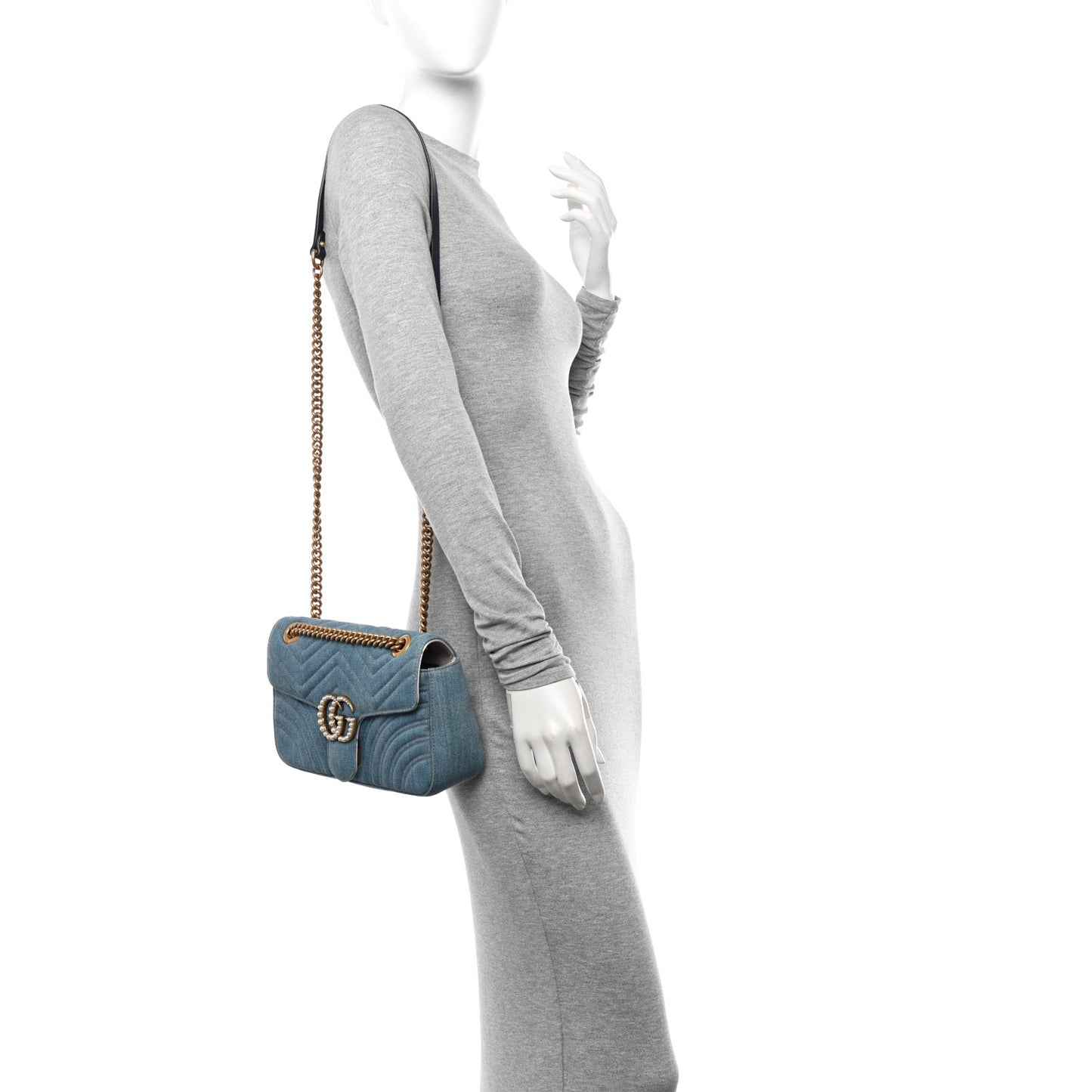 Denim Matelasse Small Pearly GG Marmont Shoulder Bag Blue