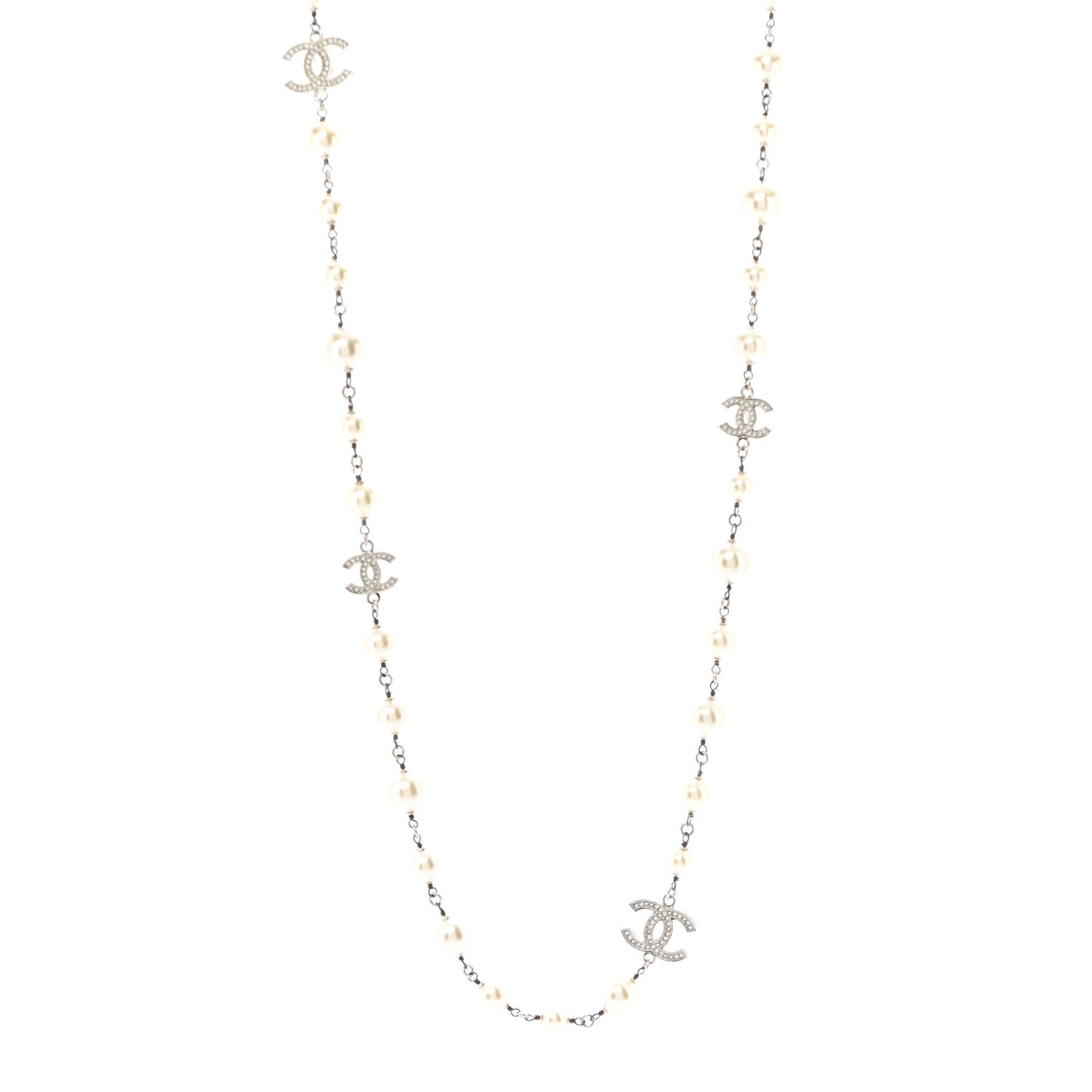 Crystal Pearl CC Long Necklace Silver